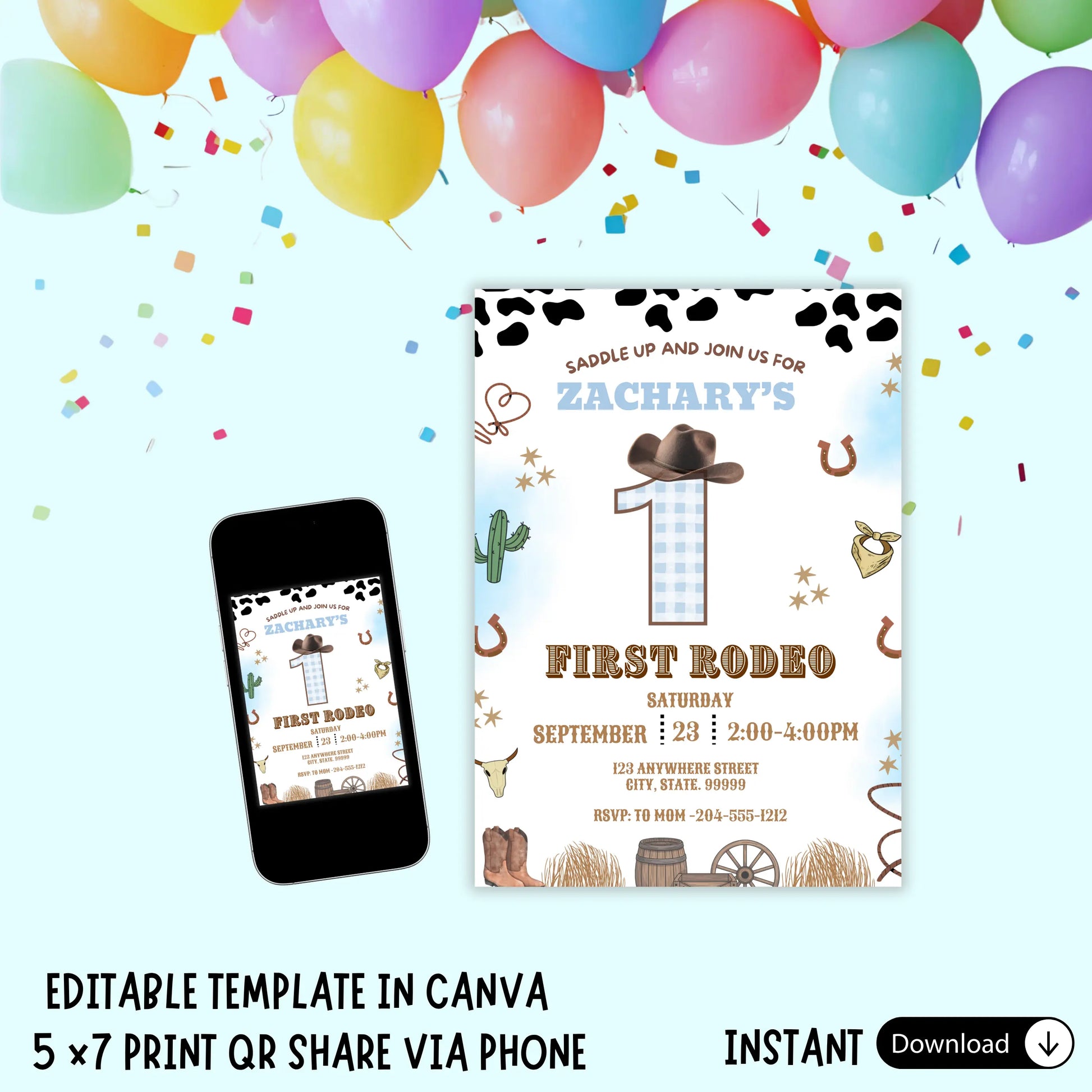  Rustic cow-print western invitation first rodeo boys custom invitation template