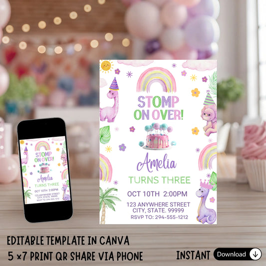 Editable Pastel Dinosaur Birthday Invitation Template, Kids Dino Party Invite, Roar Stomp Chomp Theme, Toddler Girl 1st 2nd 3rd Birthday