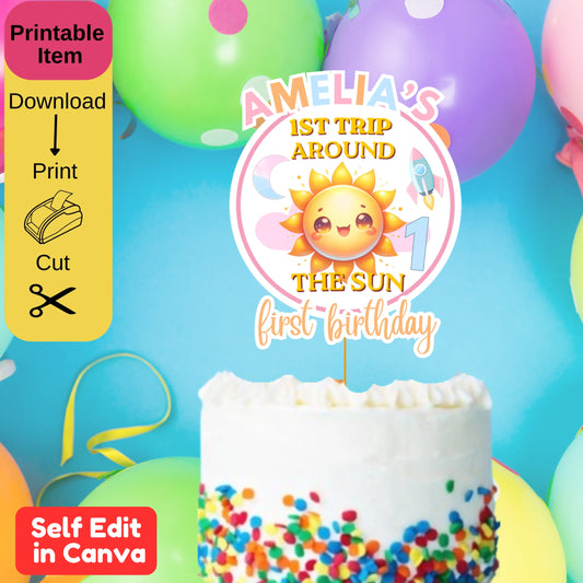 Editable Boho Sun First Birthday Cake Topper, Girl Pink Celestial 1st Trip Around the Sun Invite Match, DIY Personalized Name Space Party Decor