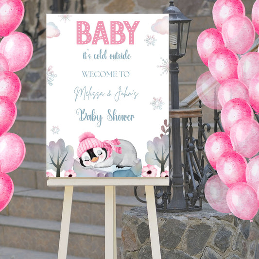 Editable Pink "Baby It's Cold Outside" Baby Shower Welcome Sign Template, Girl Winter Wonderland Christmas Holiday Welcome Poster, Snowflake Decor