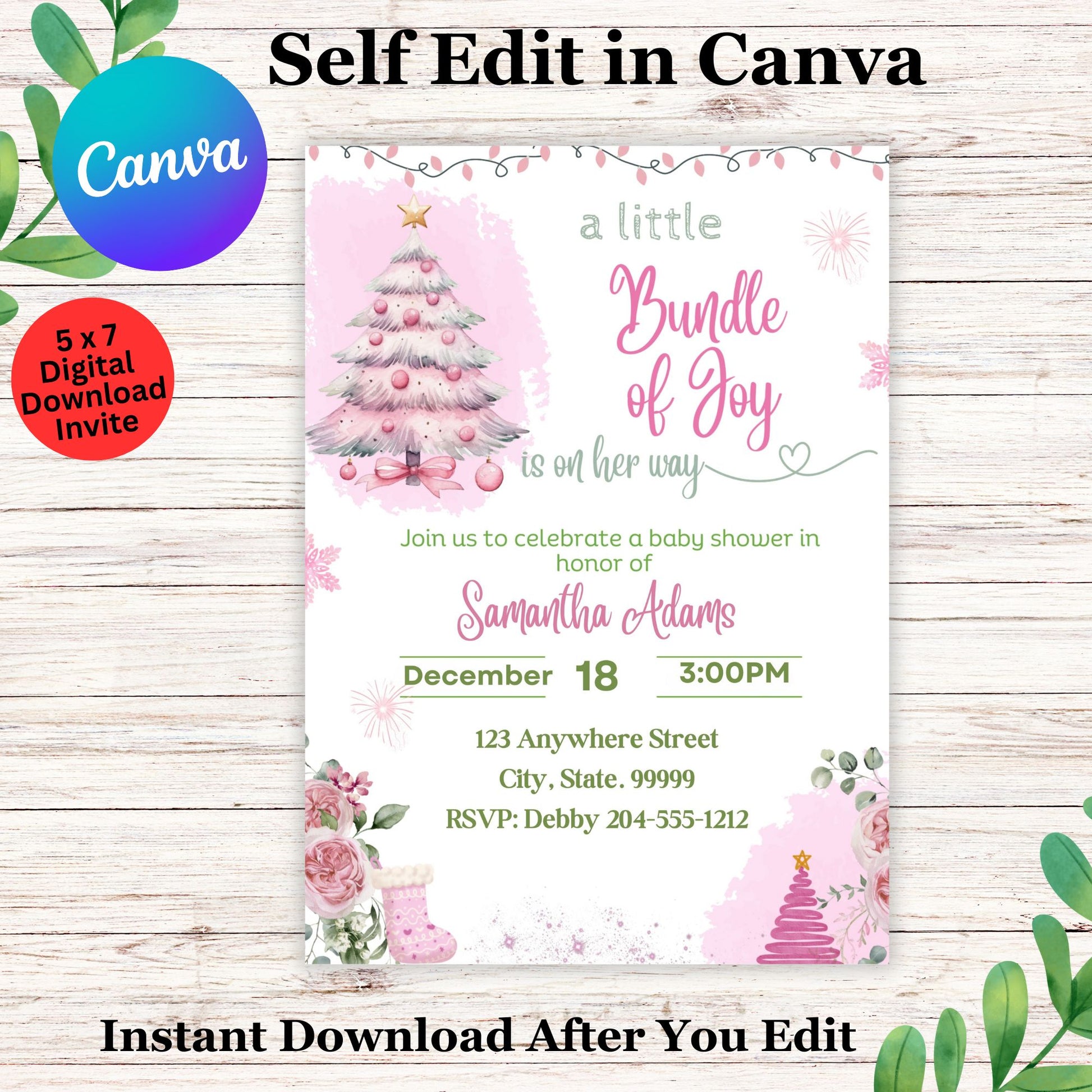 Pink "Bundle of Joy" Christmas Baby Shower Invitation Template - Editable Digital Download for a Winter Girl's Holiday Arrival