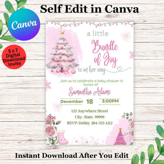 Pink "Bundle of Joy" Christmas Baby Shower Invitation Template - Editable Digital Download for a Winter Girl's Holiday Arrival