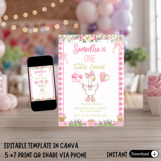 One Silly Goose Birthday Invitation Girl, Editable 1st Birthday Invite Template, Pink Gingham & Coquette Bow Goose Theme, Printable First Birthday Party Evite - Girly Girl Tutus