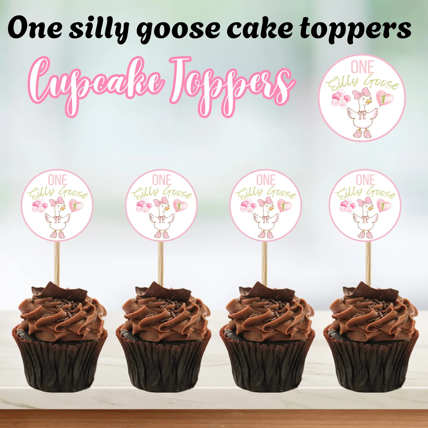 One Silly Goose Cupcake Toppers, Girl 1st Birthday Decor, Pink Goose Party Supplies, Printable Cake Toppers.