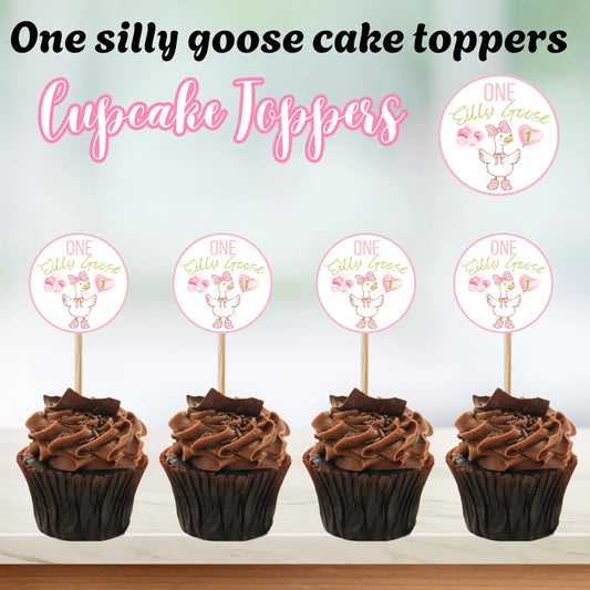 One Silly Goose Cupcake Toppers, Girl 1st Birthday Decor, Pink Goose Party Supplies, Printable Cake Toppers.