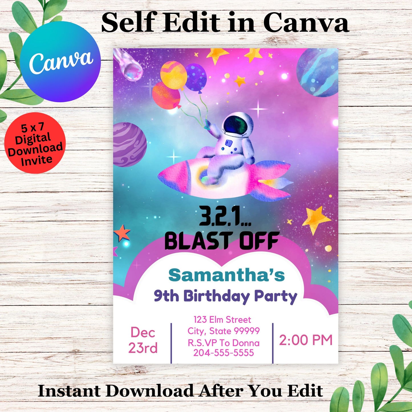 Editable Pink Outer Space Birthday Invitation Template - Girls Astronaut Rocket Ship Party Invite - Celestial Galaxy Stars B-day Digital Download