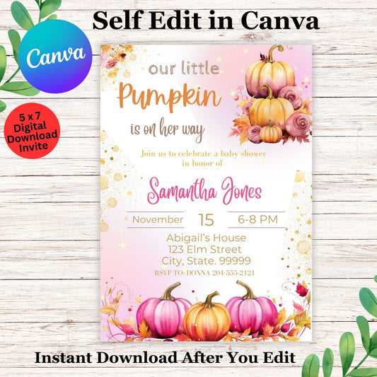 A Little Pumpkin is on her Way" Pink and Gold Floral Baby Shower Invitation Template in Canva