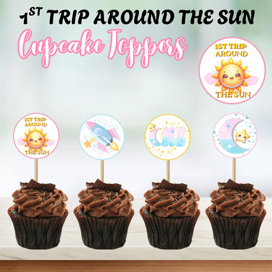 Printable First Trip Around the Sun Cupcake Toppers, Girl Pink Space 1st Birthday Party Circles, Instant Download Pastel Celestial Cake Decor, Set of 4 Galaxy Sun Tags