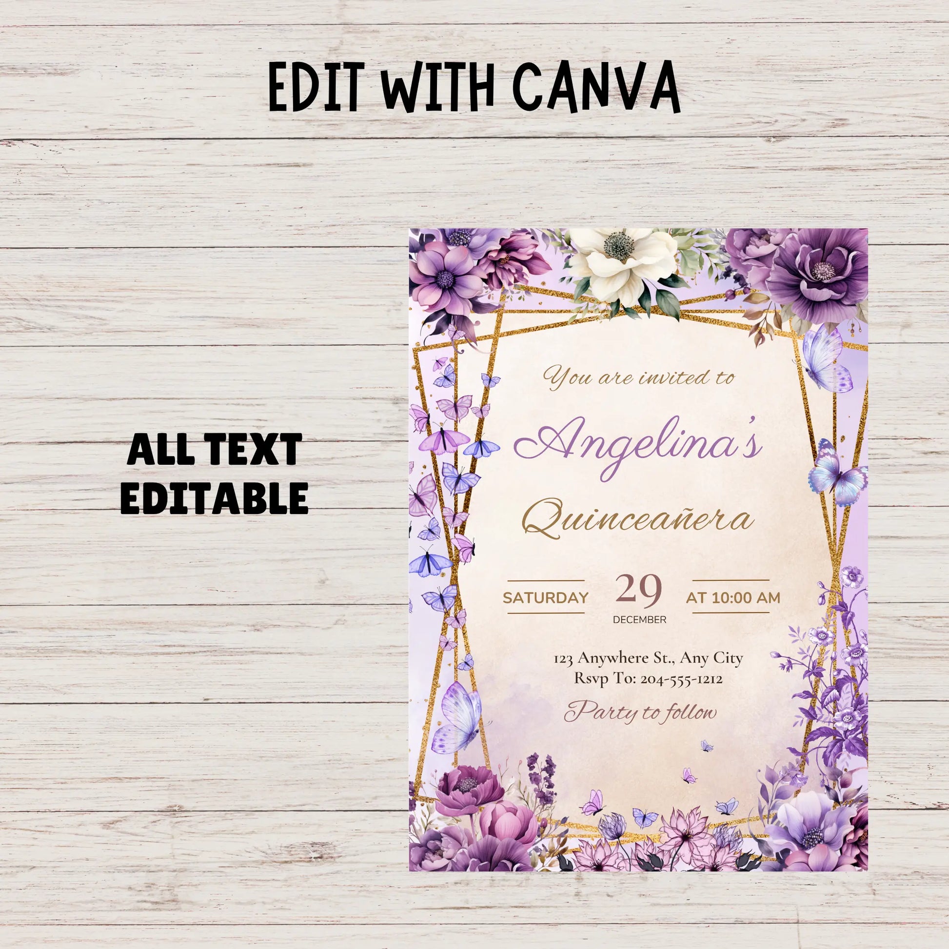 Lavender Rose Quince, Lilac Floral Invitation, Royal Purple Gold Invite, Violet Princess Invitation.