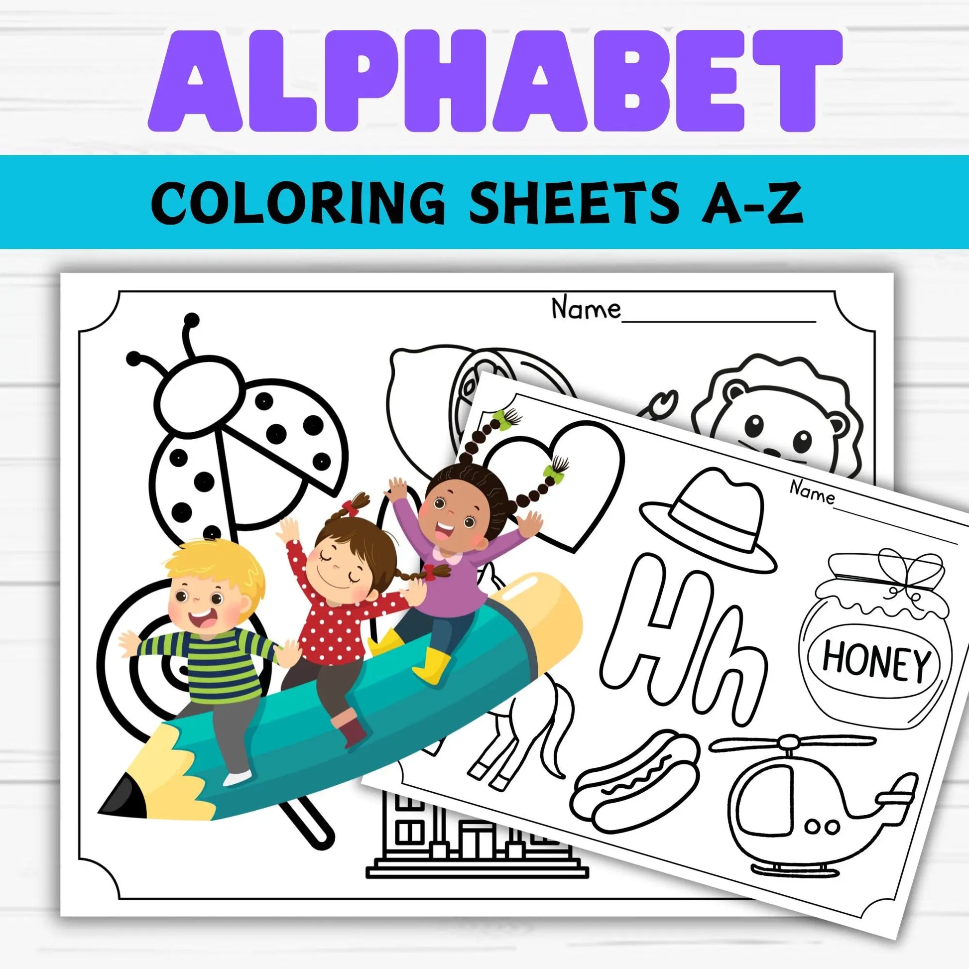 Coloring sheets with alphabet letters and illustrations to color, with a cover page showing a cartoon of a ladybug and a bee.