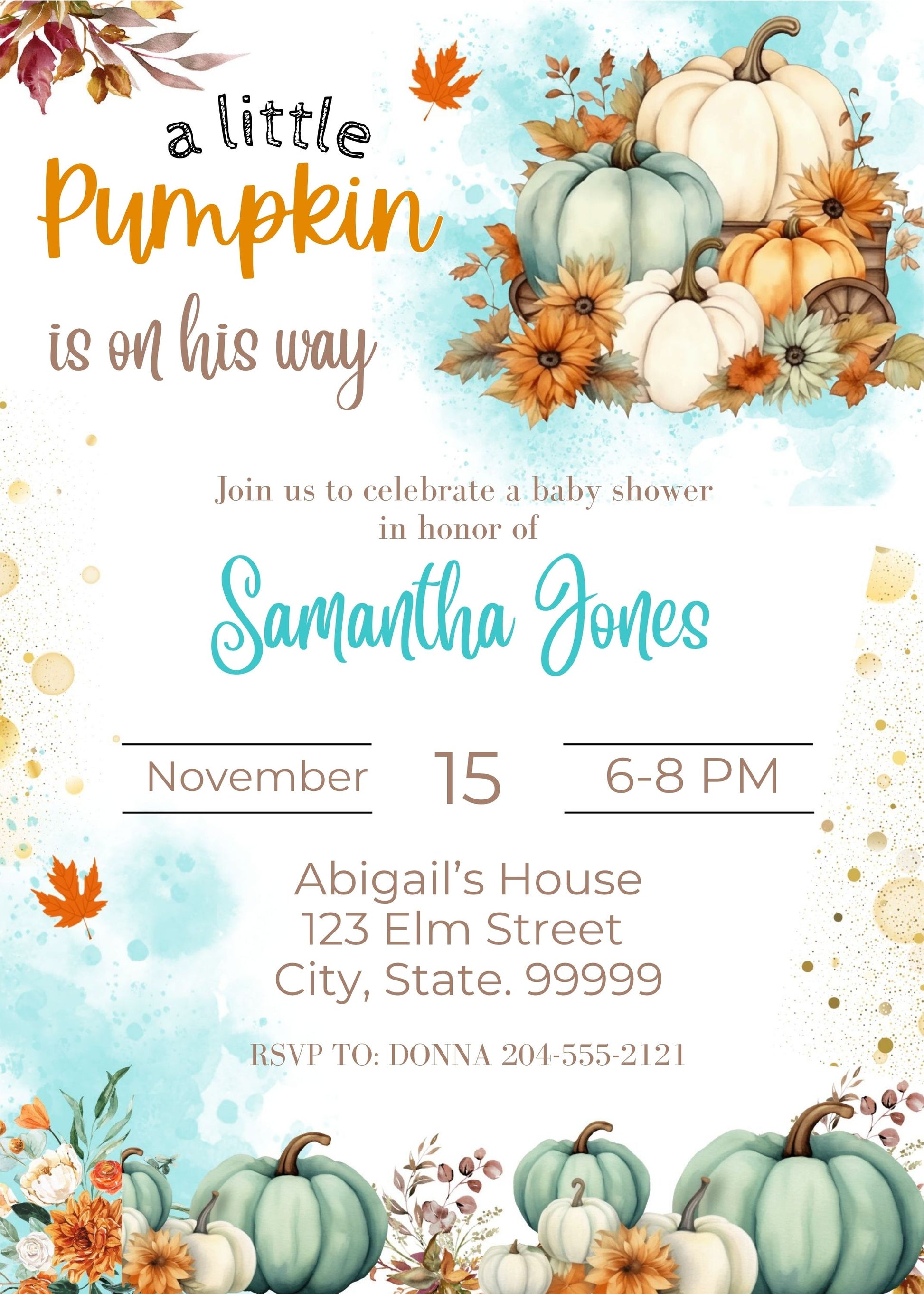 Fall baby shower invitation
Pumpkin baby shower invite
A little pumpkin is on the way