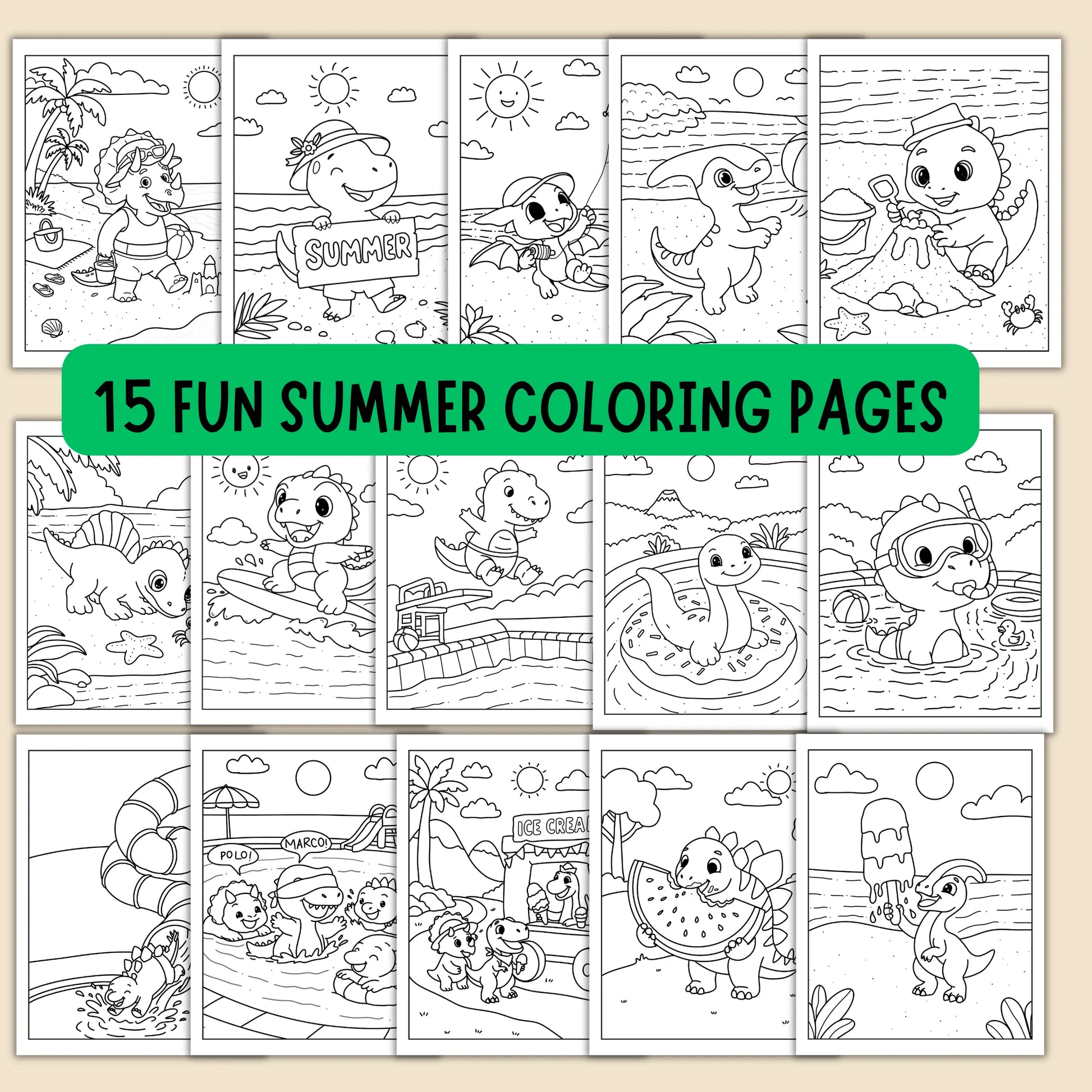 15 Fun Summer Coloring Pages with dinosaur-themed illustrations on a beige background.