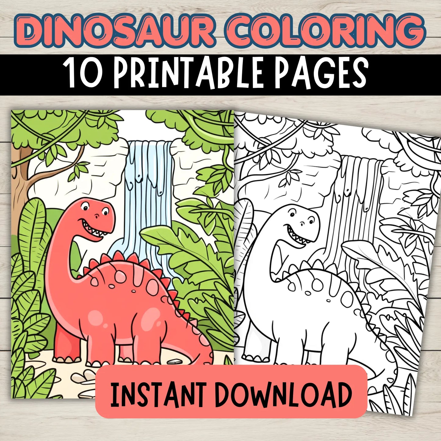 a cute dinosaur coloring page with jungle scene and waterfall to color 