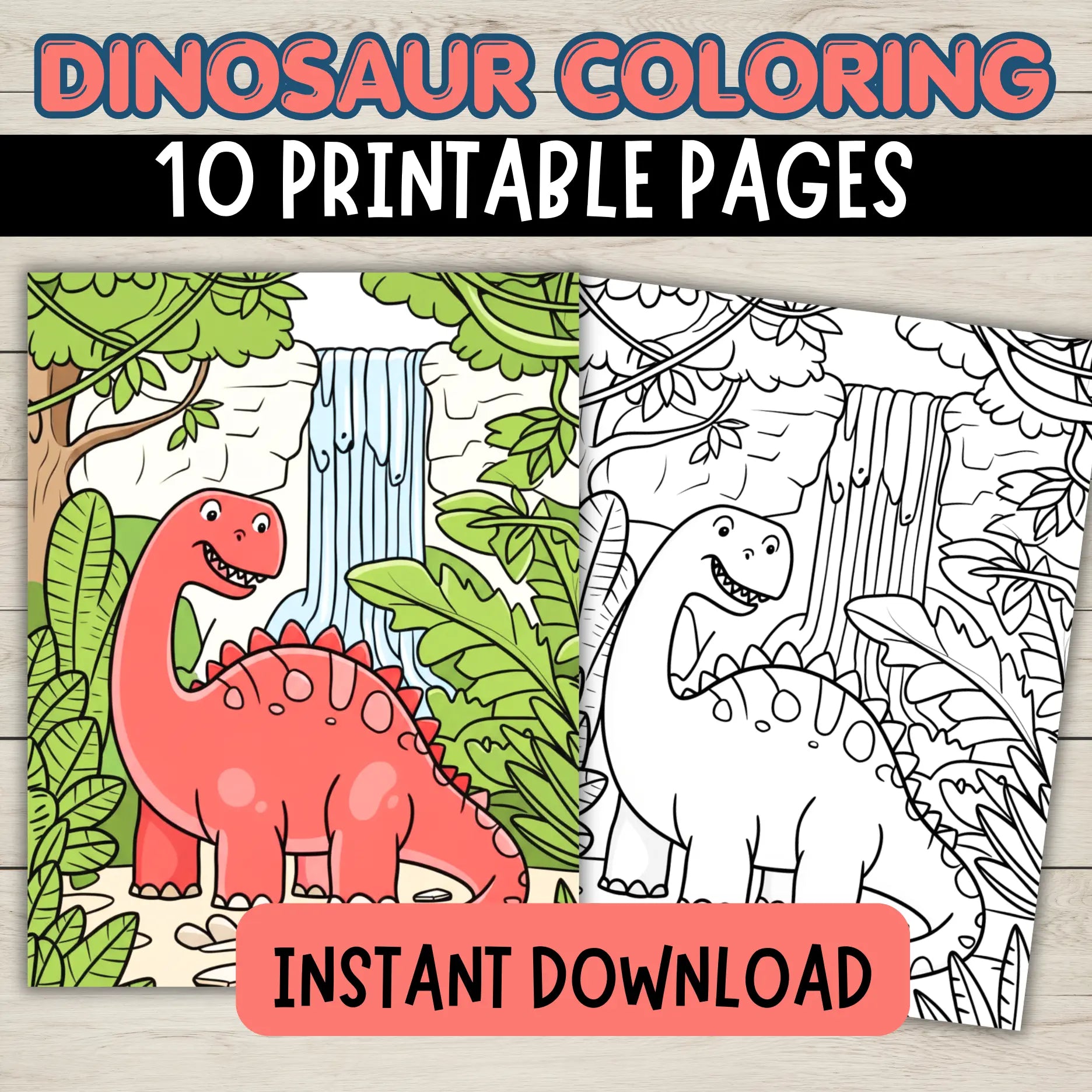 a cute dinosaur coloring page with jungle scene and waterfall to color 