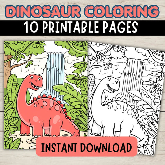 a cute dinosaur coloring page with jungle scene and waterfall to color 