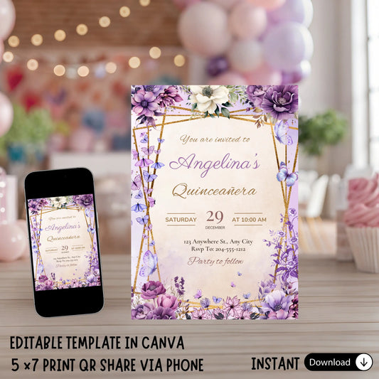 Elegant Purple Floral Quinceañera Invitation Template - Lavender & Gold 15th Birthday Invite Printable