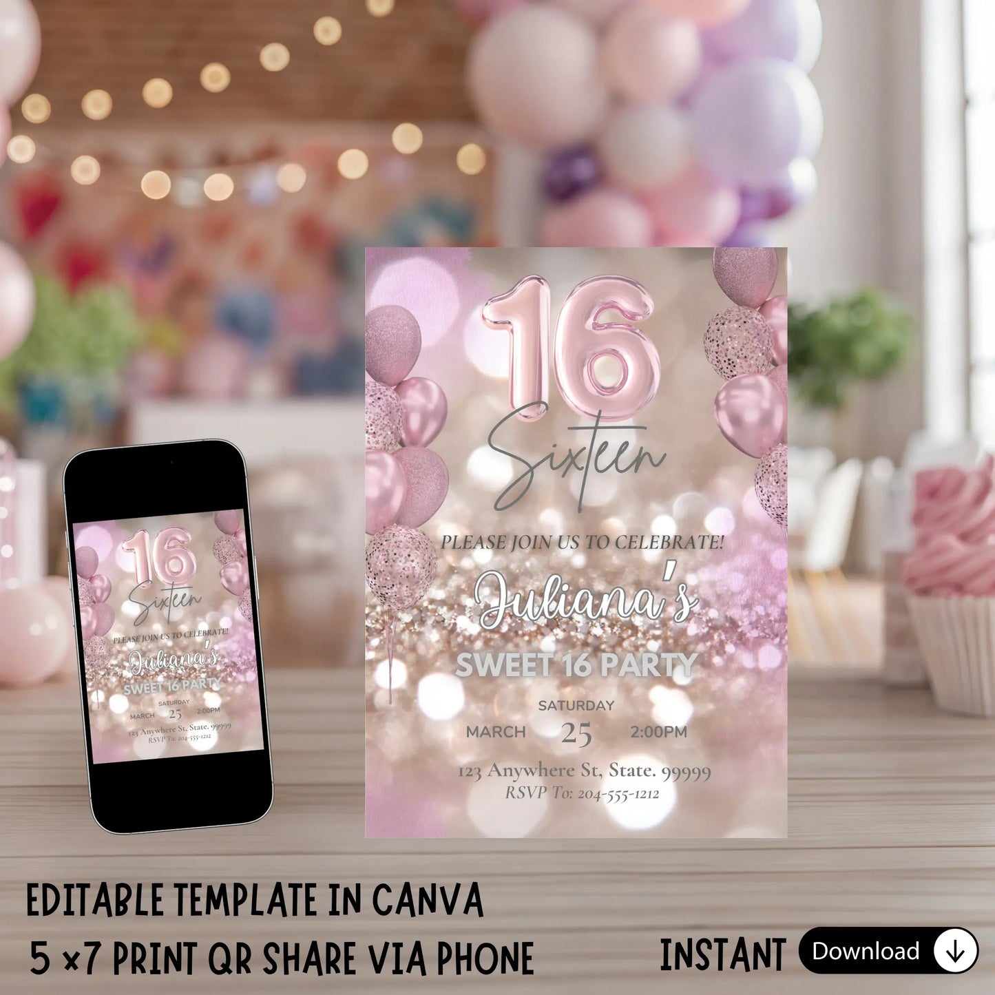 Editable Rose Gold Sweet 16 Invitation Template, Blush Pink Shimmer Glitter 16th Birthday Invite, Modern Script Printable Invitation, Instant Download