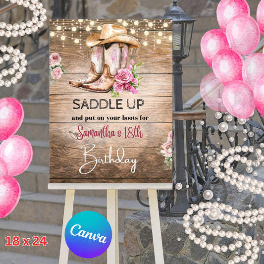 Editable Rustic Cowgirl Birthday Welcome Sign Template, Girls Western Party Decor, Printable Rodeo Welcome Poster, Digital Download, Any Age