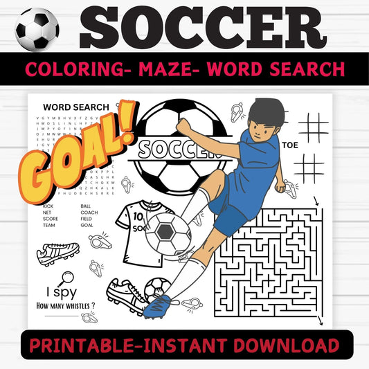  Soccer activity placemat
Printable soccer activity
Kids soccer birthday party
Soccer coloring page
Digital soccer activity sheet
Soccer team banquet favors