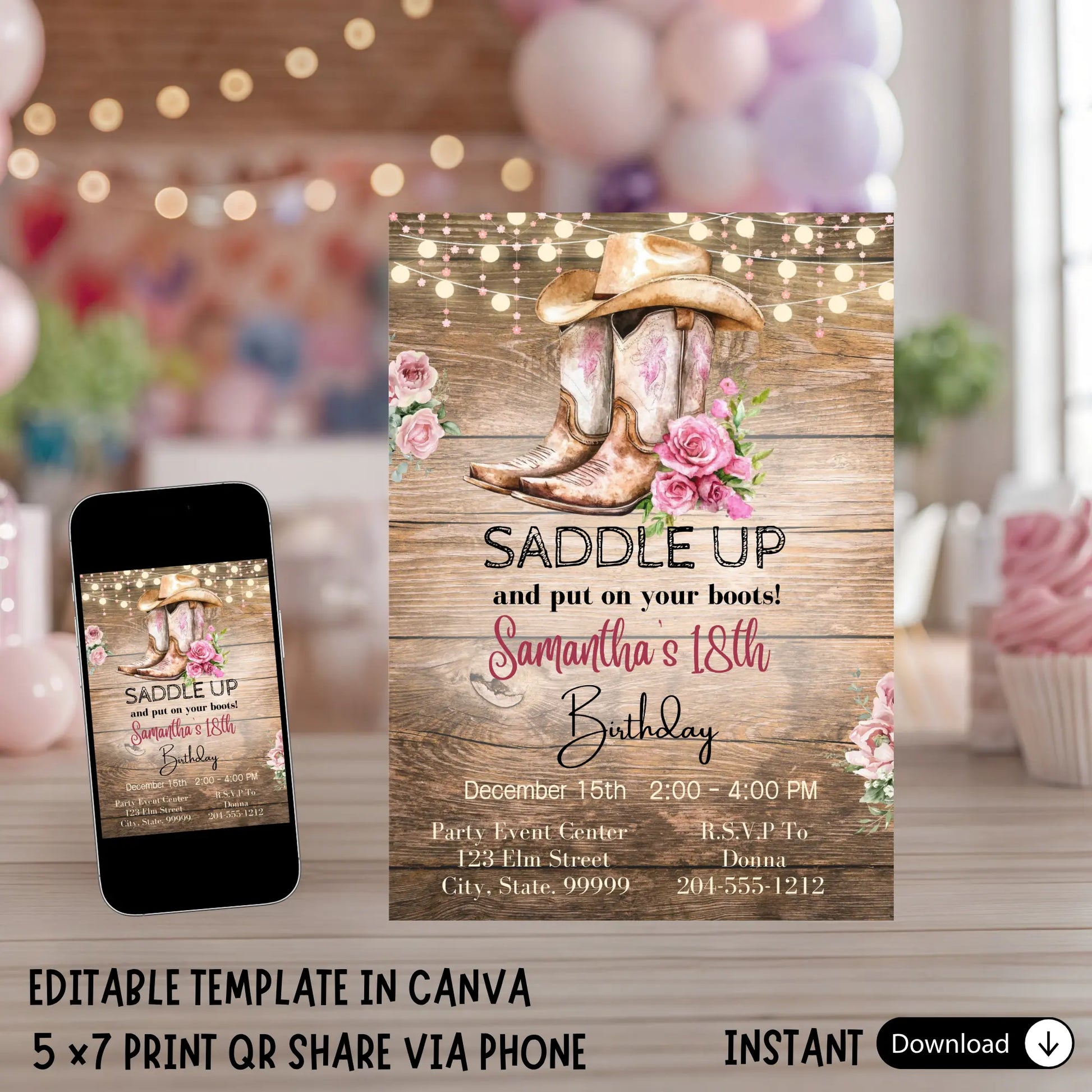 Cowgirl Invitation, Rustic Invitation, Editable Invitation, Western Party Invitation, Cowgirl Template.