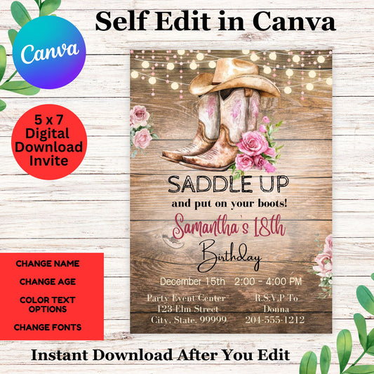 Western birthday invitation Template  - Cowgirl birthday party Editable in Canva 