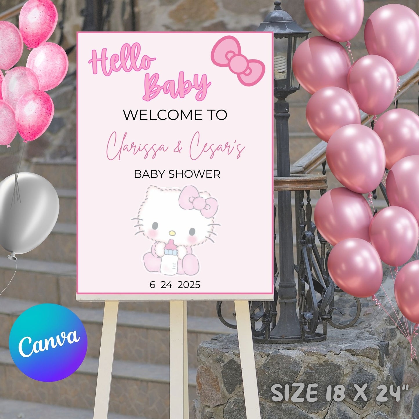 Editable Hello Kitty Welcome Sign Template, Printable Hello Kitty Birthday Party Decor, Instant Download Hello Kitty Baby Shower Welcome Poster, Canva Template