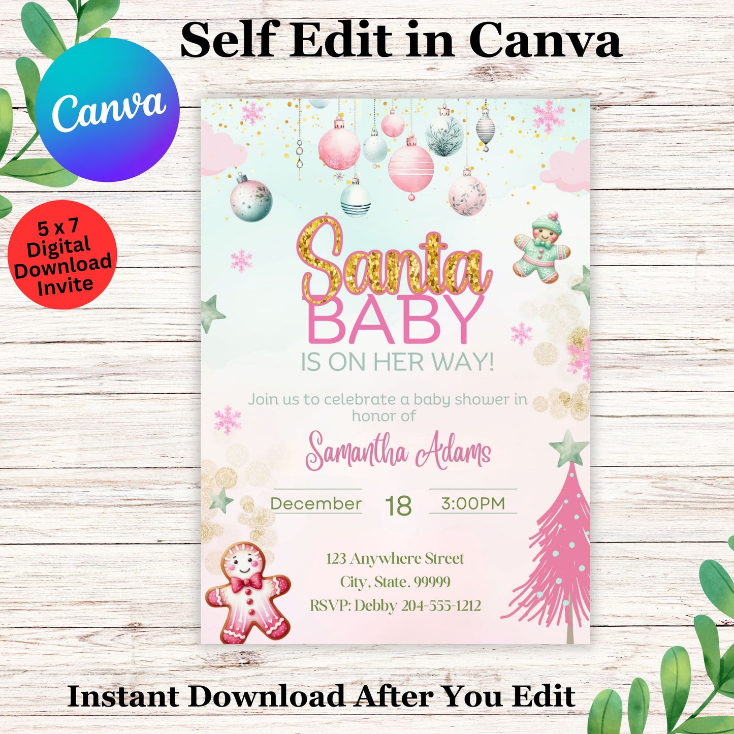 Pink Santa Baby Shower Invitation Template | Girl Christmas Baby Shower Invite | Editable Holiday Sprinkle | Instant Download  
