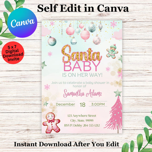 Pink Santa Baby Shower Invitation Template | Girl Christmas Baby Shower Invite | Editable Holiday Sprinkle | Instant Download  