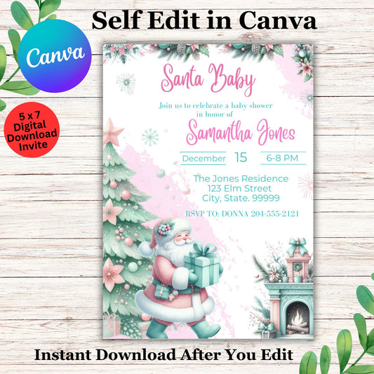 Cute Santa Baby Christmas Themed Baby Shower Invitation - Editable Santa Clause Baby Shower Invite