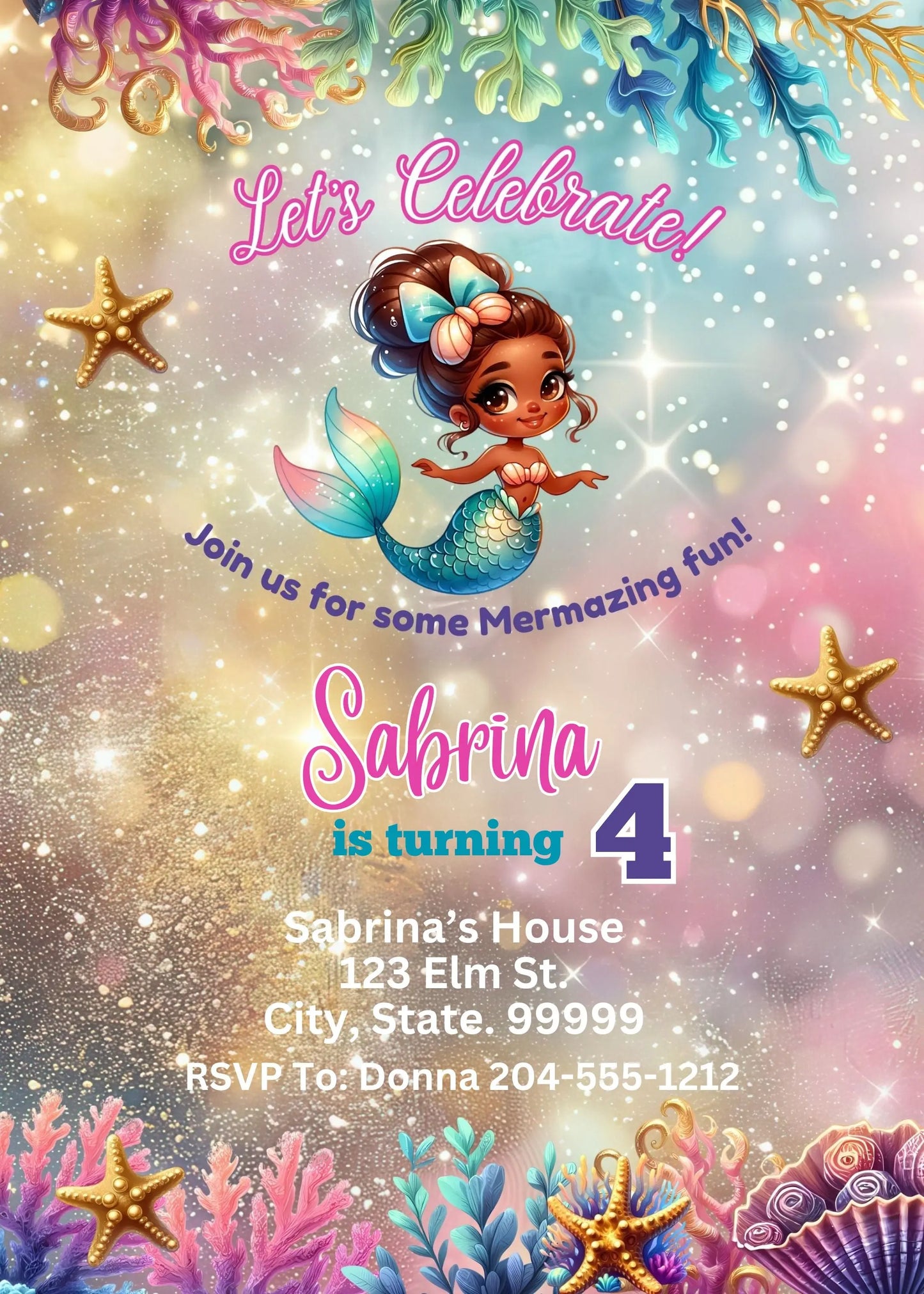 Shimmer Mermaid, Watercolor Mermaid, Editable Invite Canva, Digital Birthday Invitation, Little Mermaid Theme.