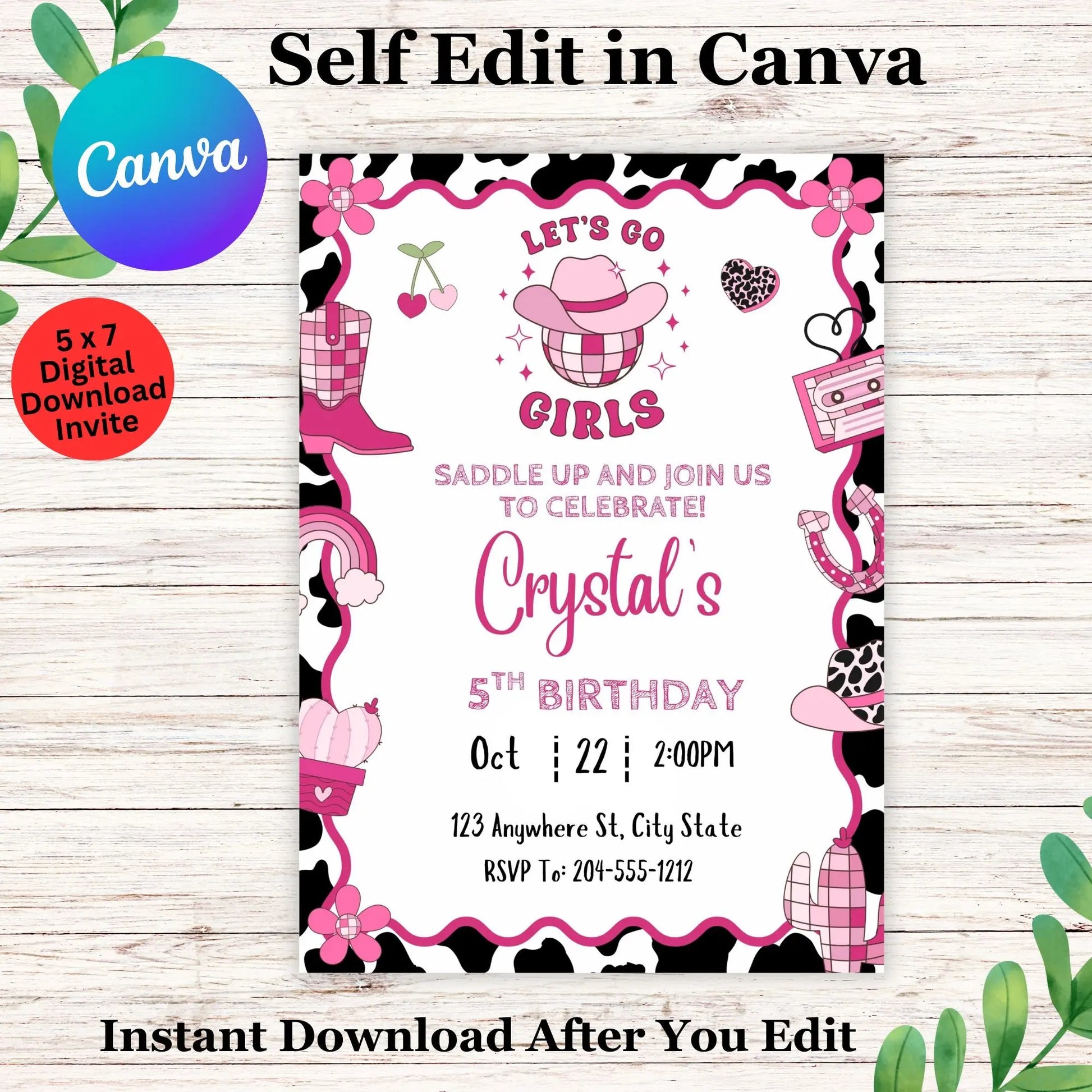 Editable Space Cowgirl Birthday Invitation Template | Pink Disco Rodeo Party Invite | Cosmic Western Birthday Evite | Instant Download Canva Template