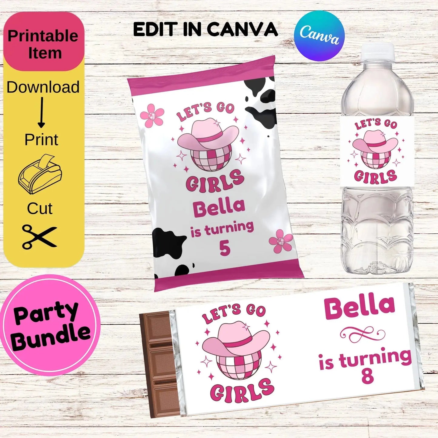 Editable Space Cowgirl Birthday Party Bundle - Disco Rodeo Chip Bag, Water Bottle Label & Candy Bar Wrapper - Pink Western Favors - Instant Download Canva Template