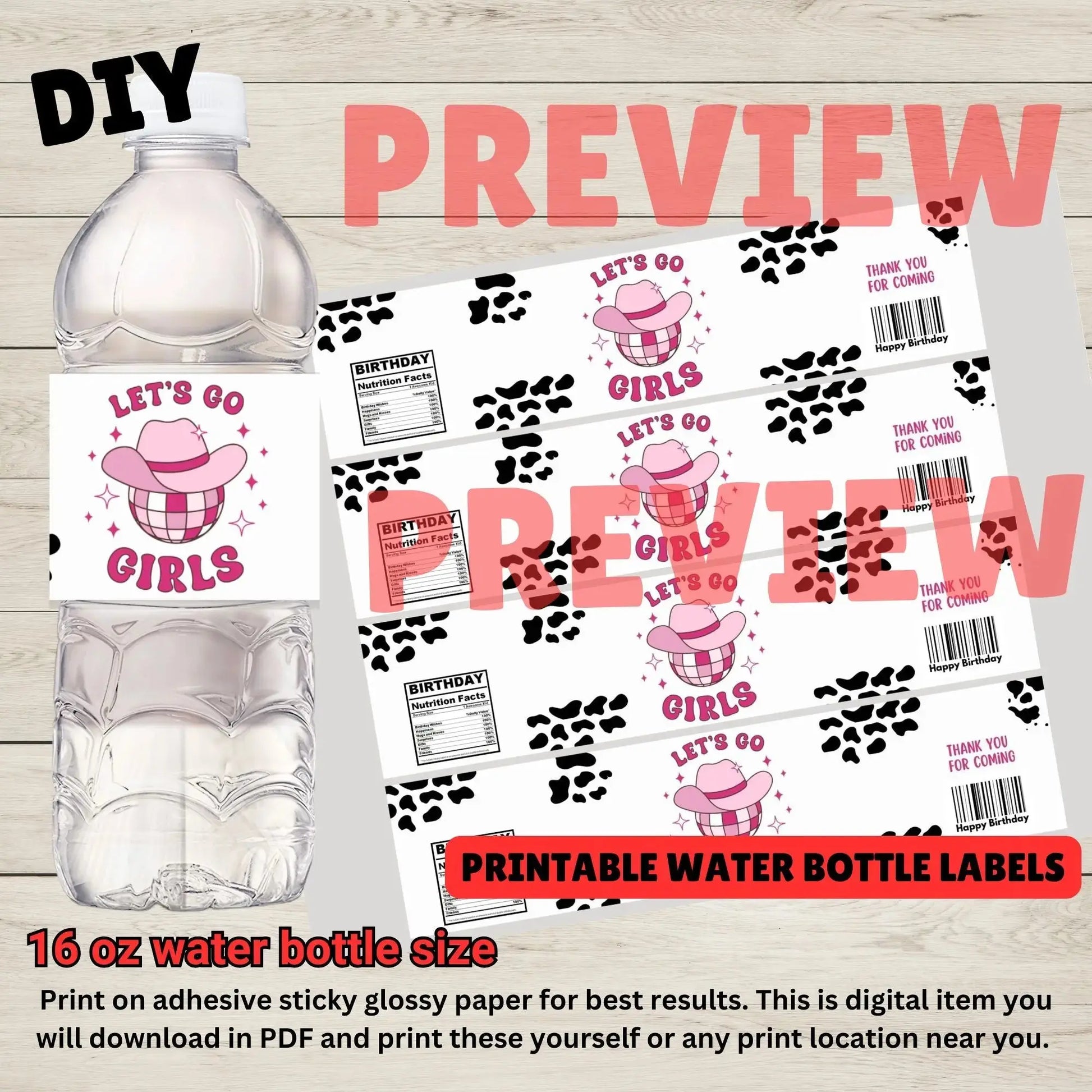 Space Cowgirl Water Bottle Labels | Editable Canva Template | Disco Cowgirl Party Decor | Pink Retro Rodeo Birthday | Bachelorette Drink Stickers | Instant Download Digital Printable