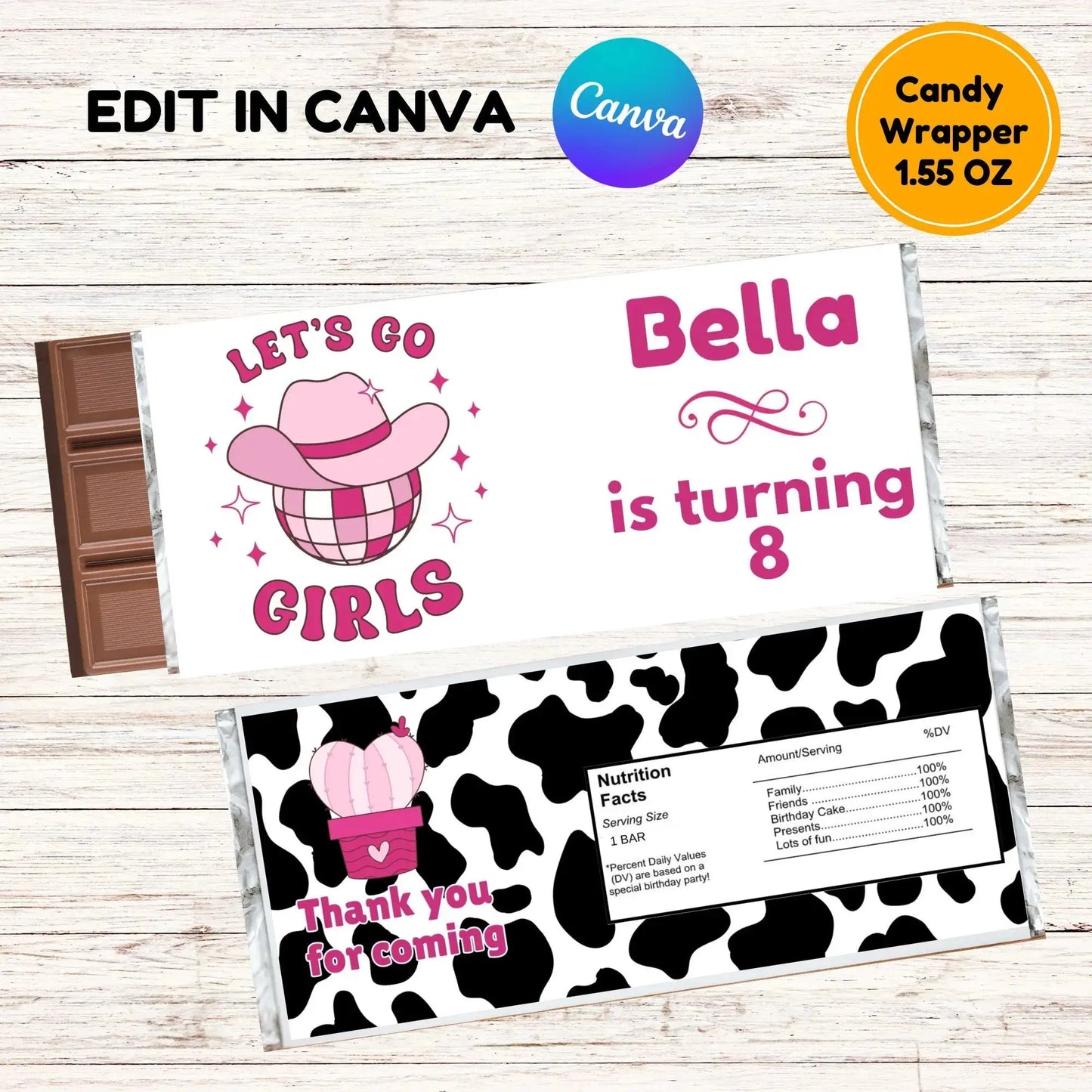 Editable Space Cowgirl Candy Bar Wrapper Template - Pink Disco Cowgirl - Nashville Rodeo Birthday Party Favors - Instant Download - Canva Editable