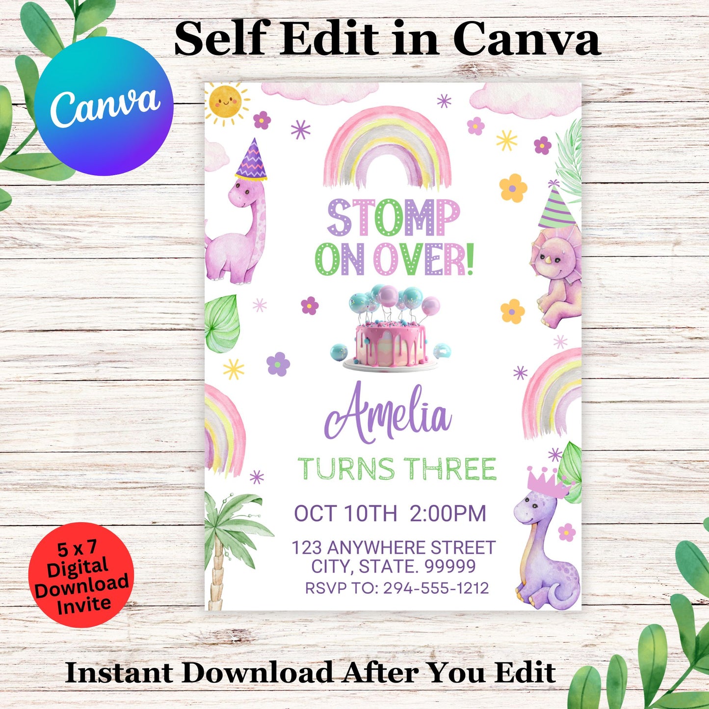 Editable Pastel Dinosaur Birthday Invitation Template, Kids Dino Party Invite, Roar Stomp Chomp Theme, Toddler Boy 1st 2nd 3rd Birthday