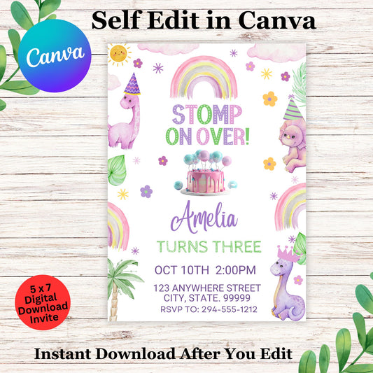 Editable Pastel Dinosaur Birthday Invitation Template, Kids Dino Party Invite, Roar Stomp Chomp Theme, Toddler Boy 1st 2nd 3rd Birthday