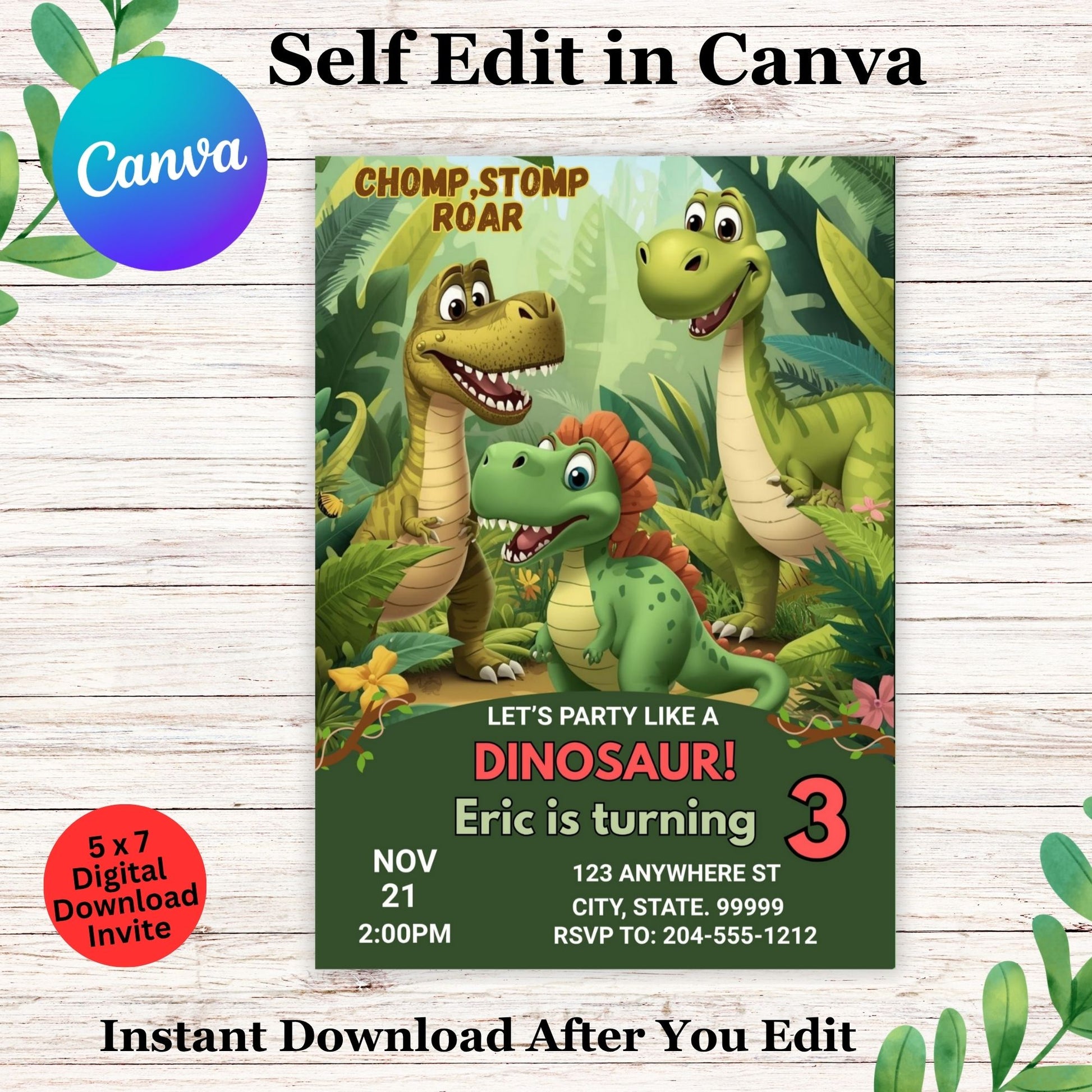 Editable Dinosaur Birthday Invitation Template, Kids Dino Party Invite, Roar Stomp Chomp Theme, Toddler Boy 1st 2nd 3rd Birthday, Instant Download