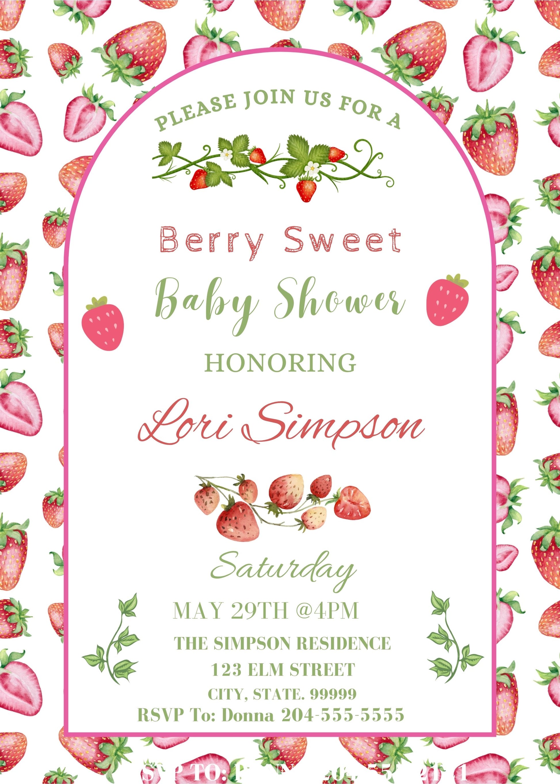 strawberry themed baby shower invite 