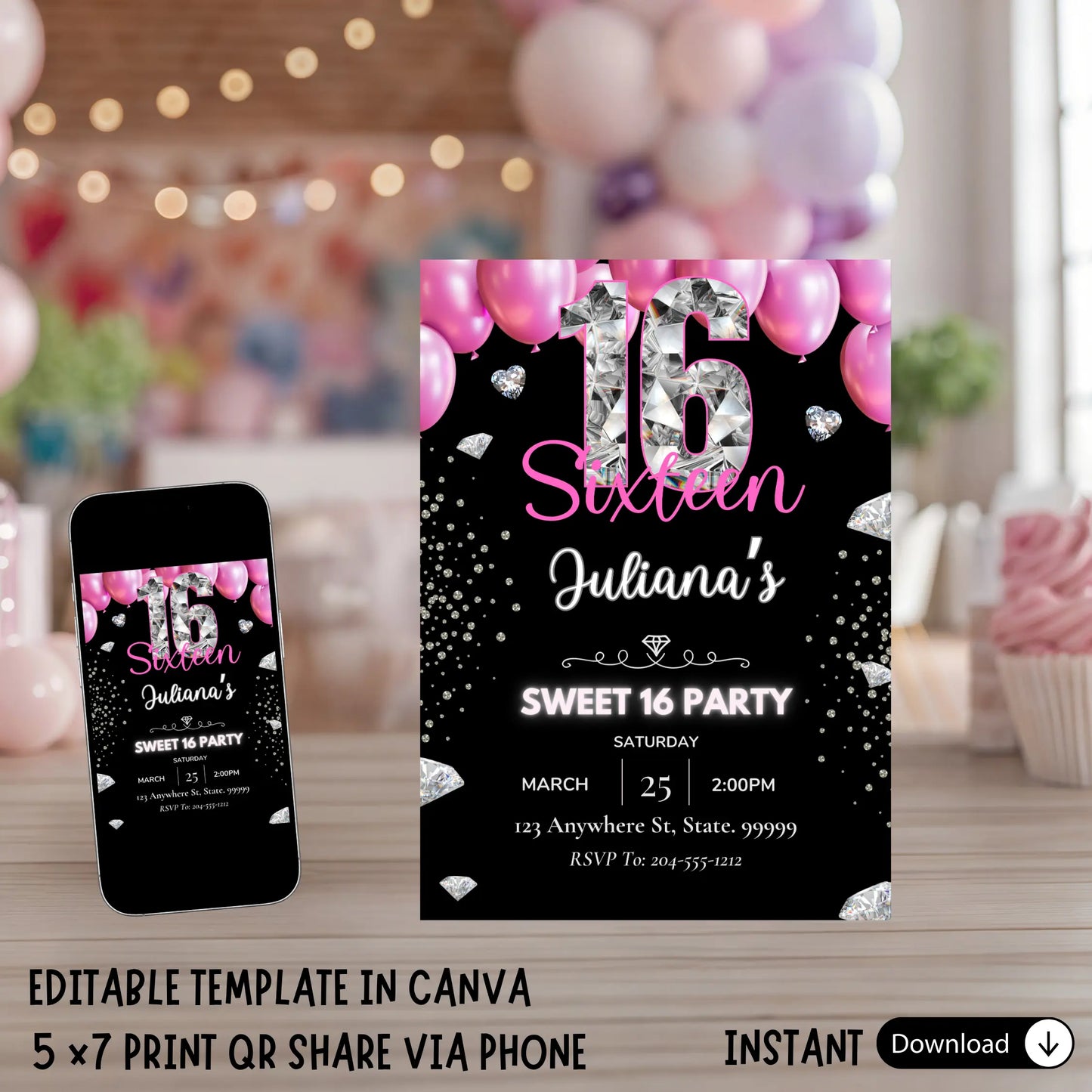 Editable Sweet 16 Birthday Invitation Template | DIY Printable Digital Download | Black Pink Diamond Theme | For Girls, Teenager Party