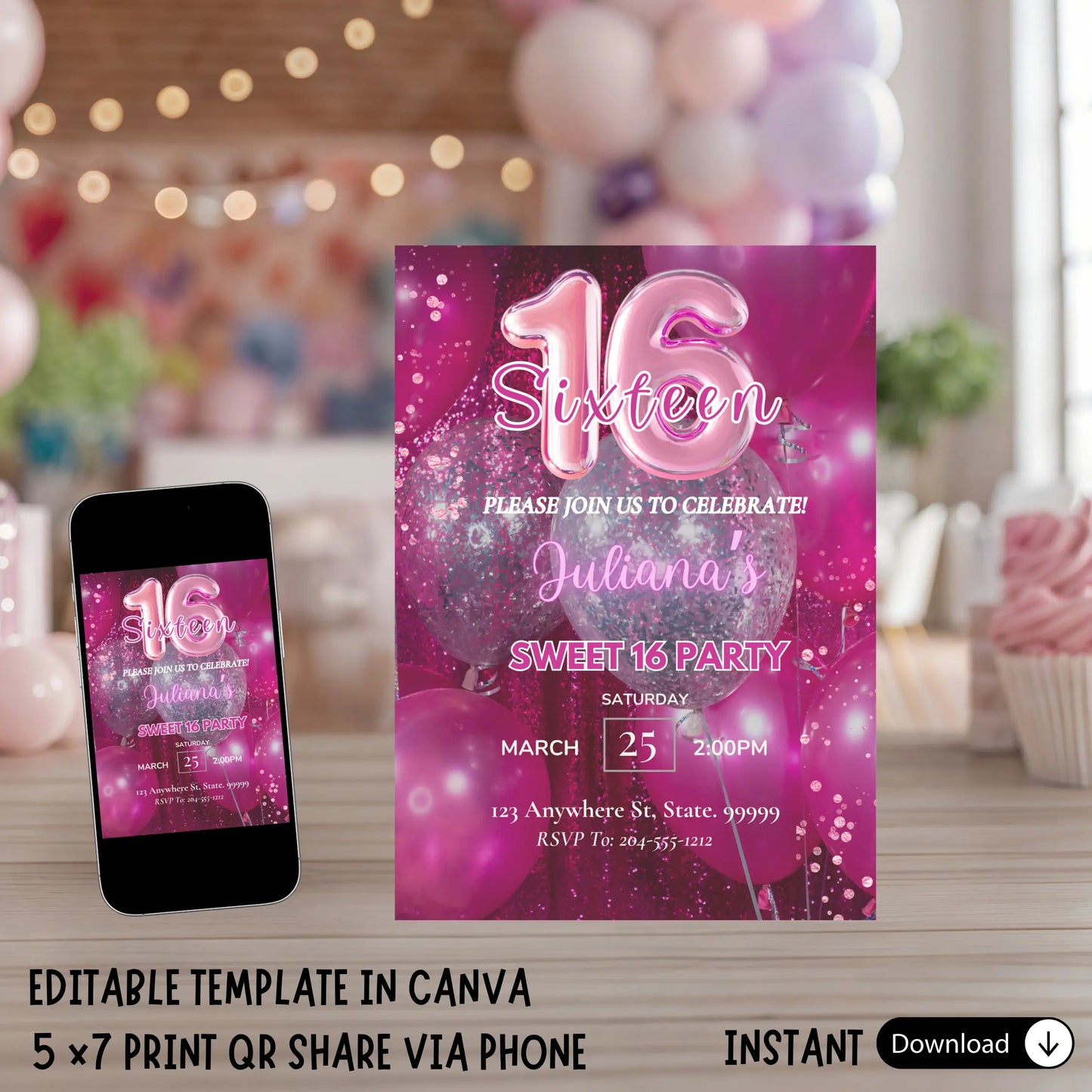 Editable Hot Pink Balloon Sweet 16 Invitation Template - Glamour Pink 16th Birthday Invite - Instant Download Printable or Digital Invitation