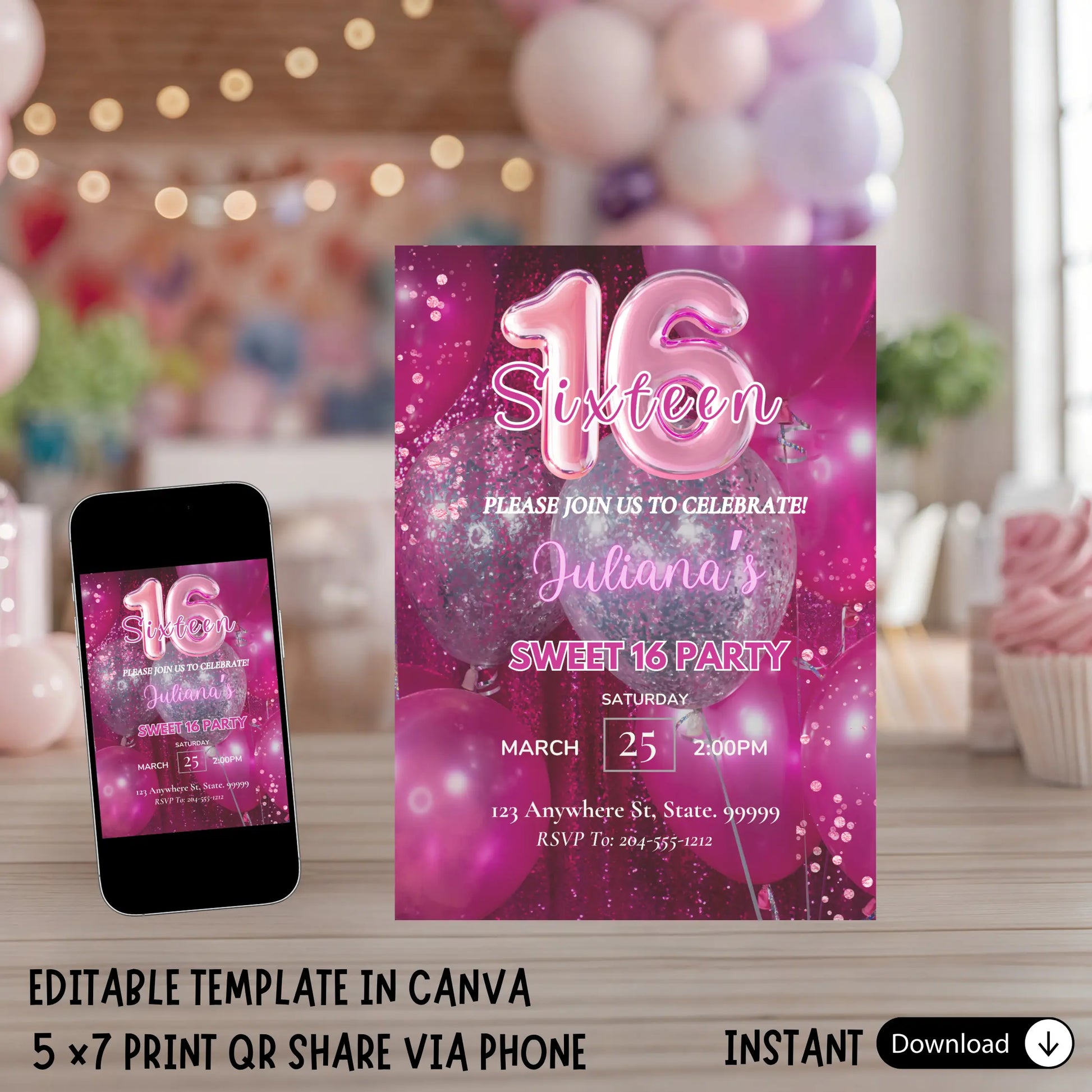 Editable Hot Pink Balloon Sweet 16 Invitation Template - Glamour Pink 16th Birthday Invite - Instant Download Printable or Digital Invitation