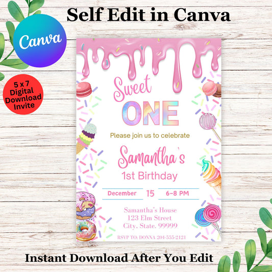 Editable "Sweet One" Birthday Invitation Girl | 1st Birthday Invite | Candy Dessert Theme First Birthday Party Template | Instant Download & Printable