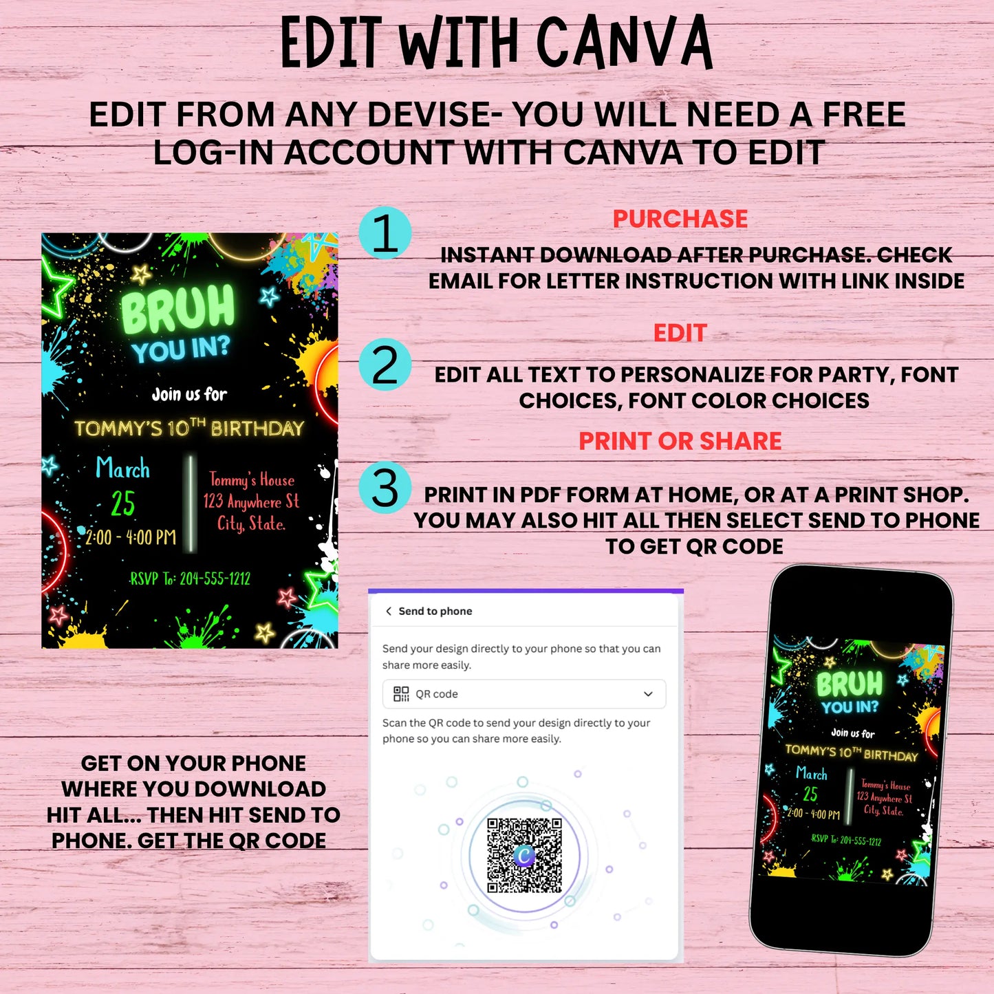 Neon Graffiti Party, Glow in the Dark Birthday, 13th Birthday Invitation Boy, Digital Birthday Evite, Laser Tag Invitation.