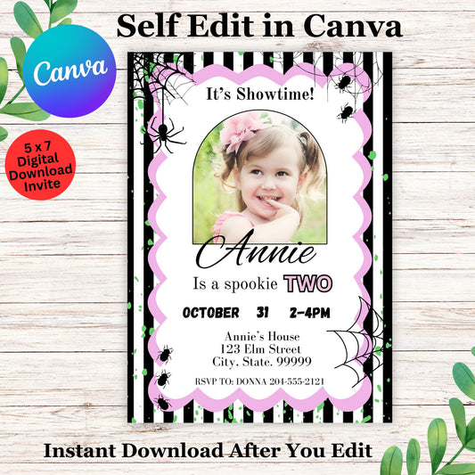 It's Showtime" Beetlejuice Halloween Birthday Invitation- Spooky Invitation Editable in Canva