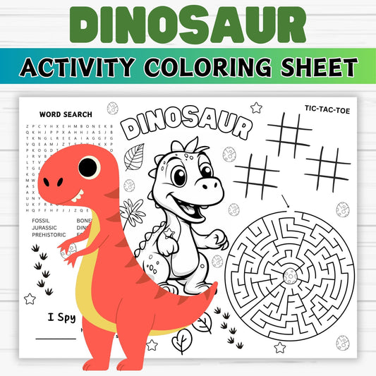 Printable Dinosaur Coloring Placemat Activity Sheet | Toddler Learning & Games Activity | Kids Reusable Busy Mat | Instant Download Dino Party Favor