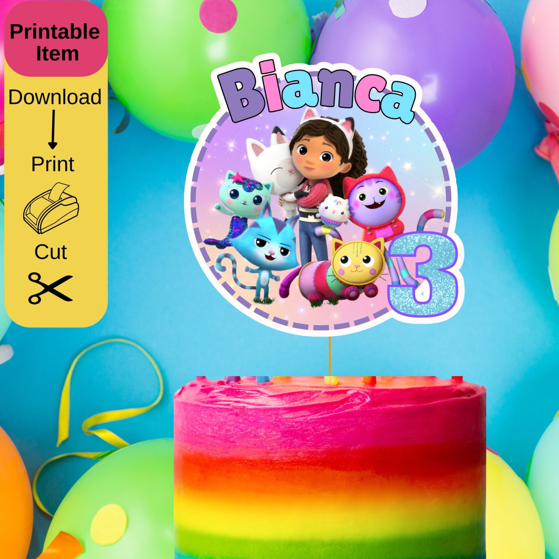 Personalized Gabby's Dollhouse Edible Cake Topper | Birthday Party Decoration with Pandy Paws, Cakey Cat, Mercat, & Friends