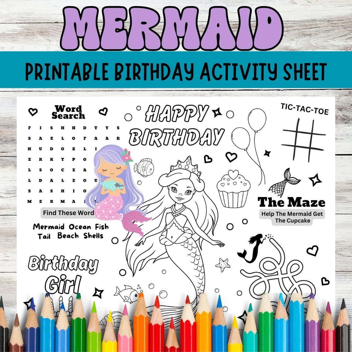 Mermaid Printable Activity Sheet for Kids | Digital Coloring Sheets, Mazes & Puzzles | Under the Sea Party Games