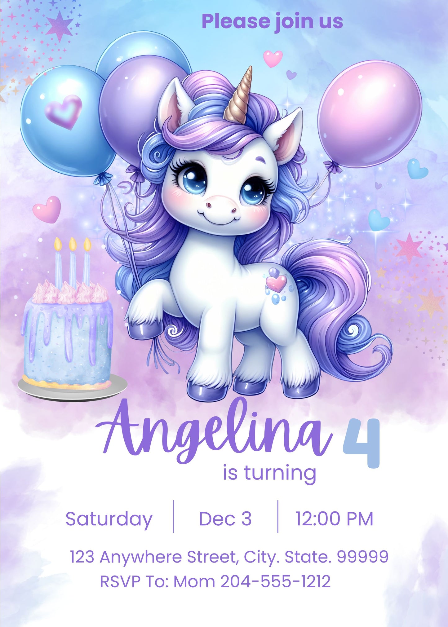 Invitación de cumpleaños personalizada de unicornio: PDF enviado por correo electrónico