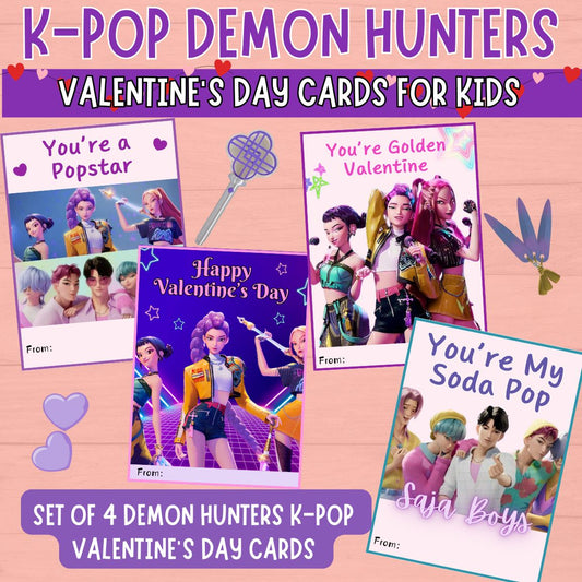 K-Pop Demon Hunters Valentine’s Day Cards for Kids – Set of 4 HUNTR/X & Saja Boys Classroom Exchange Cards