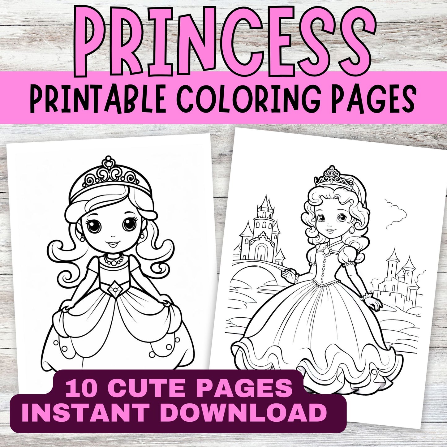 Dibujos para colorear de princesas para niñas: descarga digital instantánea